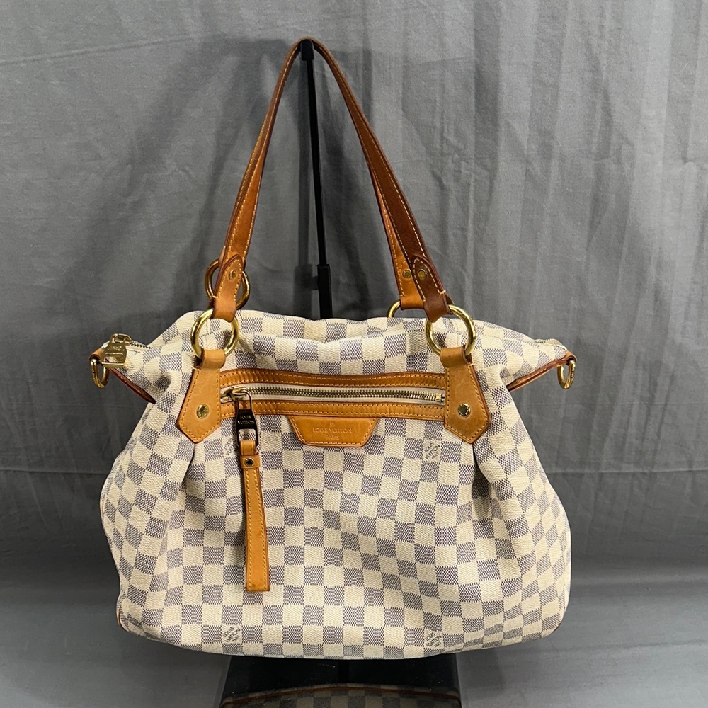 Louis Vuitton Damier Azur Canvas Evora MM Leather Trim Shoulder Bag Satchel